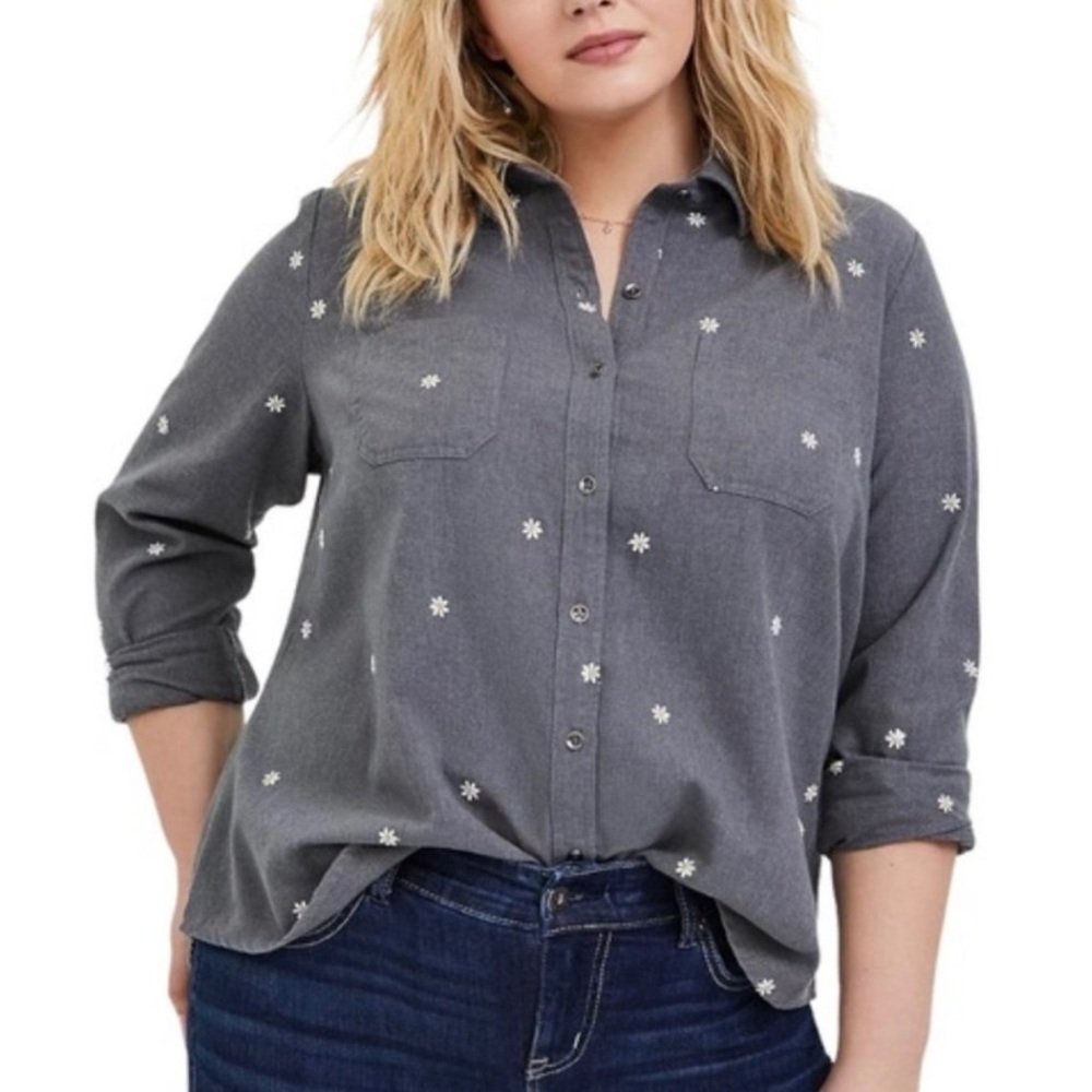 Torrid Denim Daisy Embroidered Button Front Shirt